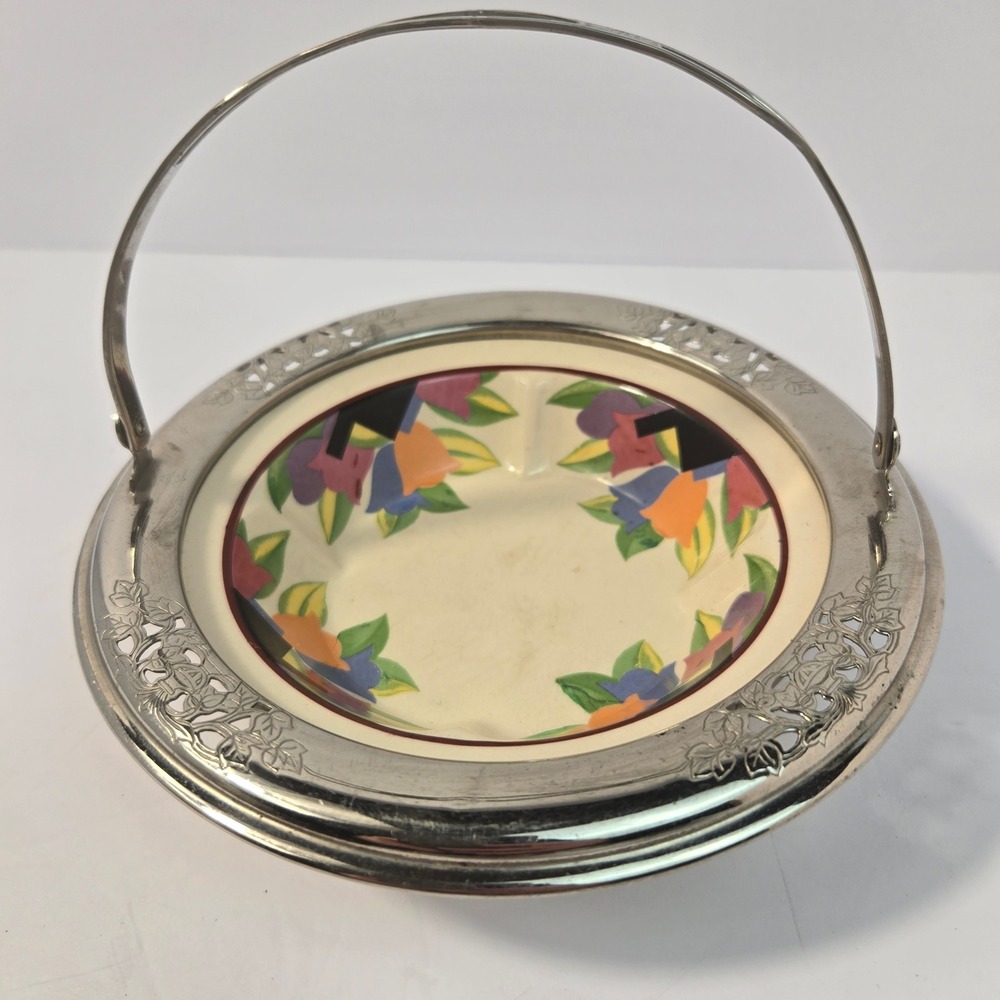 Vintage Farberware Umbertone Leigh Potters Floral Bowl Silver Plate Carrier 6.5"